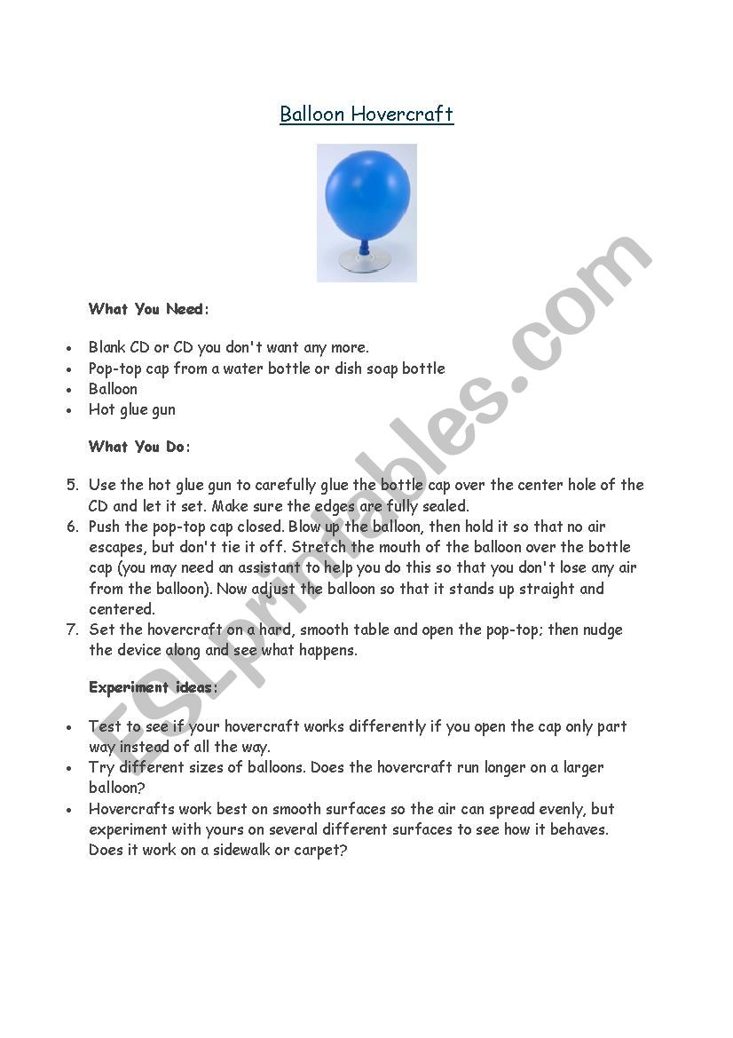 Balloon hovercraft worksheet