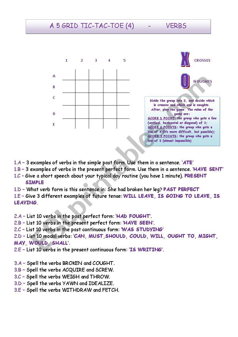 Tic-tac-toe Verbs (4) worksheet