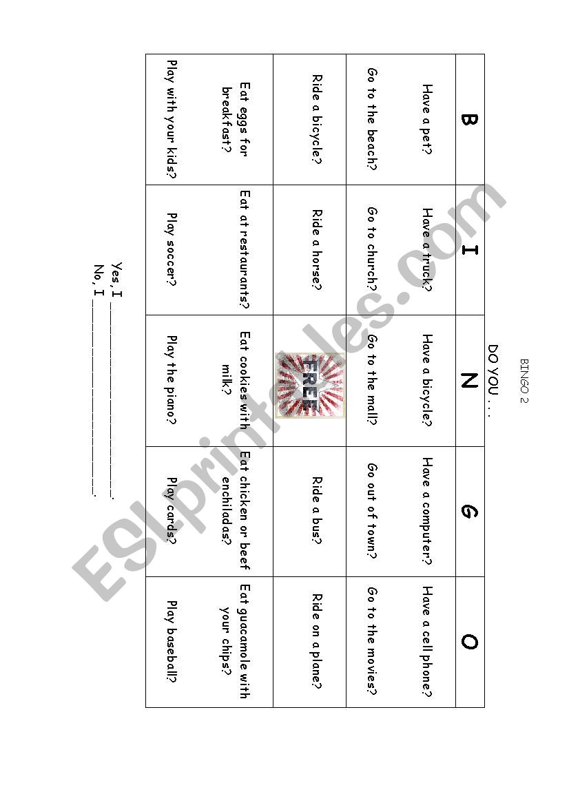 Bingo Questions 2 worksheet