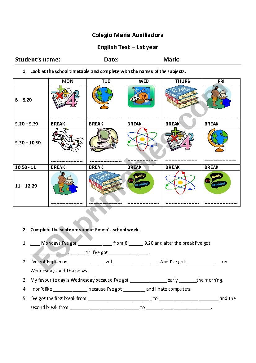 School subjects, the time & prepositions of time
