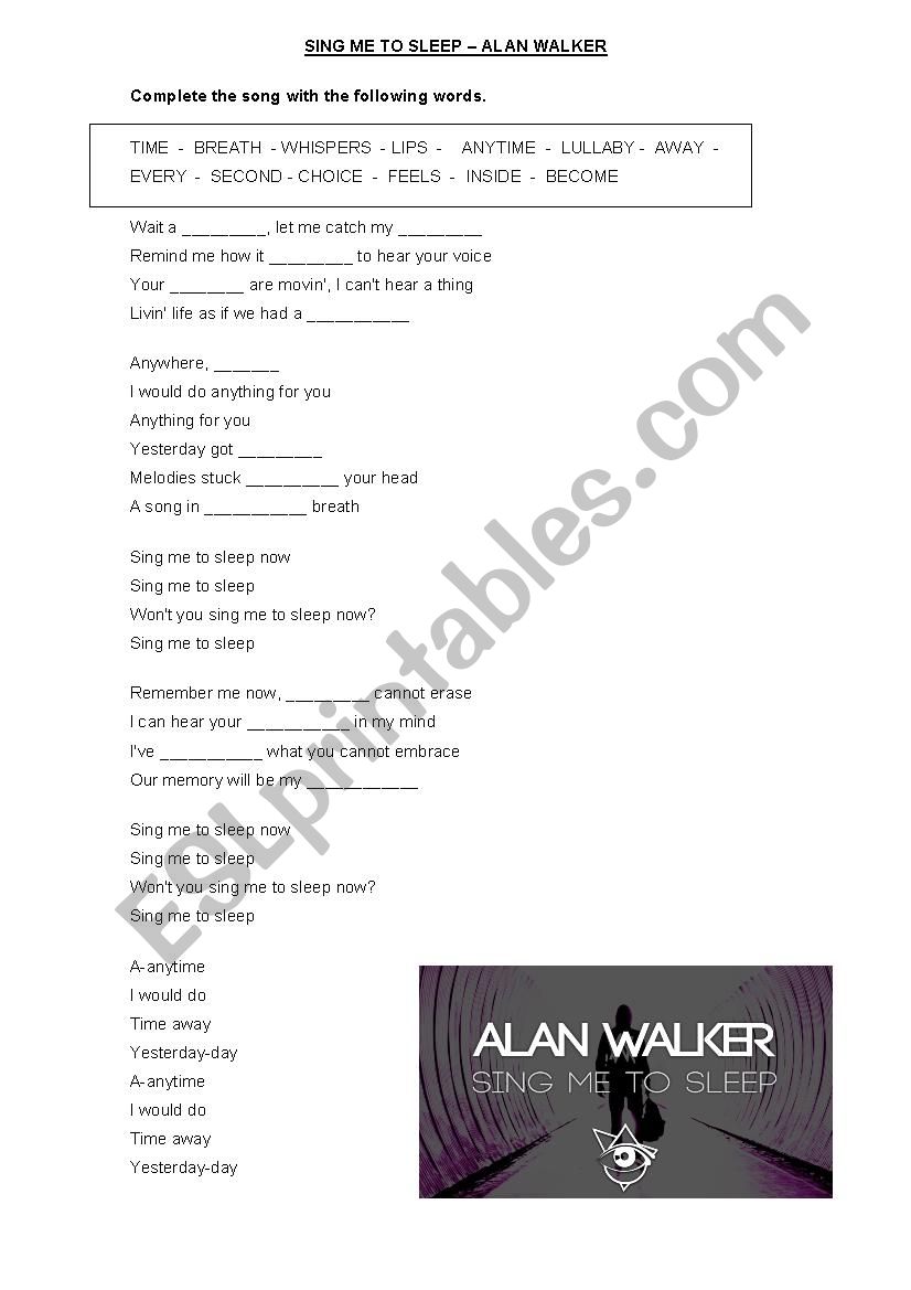 SONG SING ME TO SPLEEP worksheet