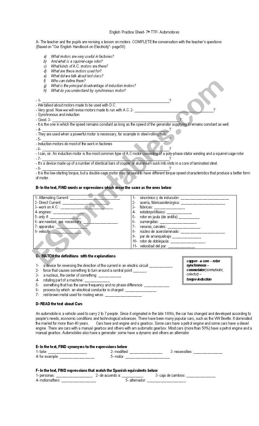 Reading comprehension: Mechanics-Automobiles