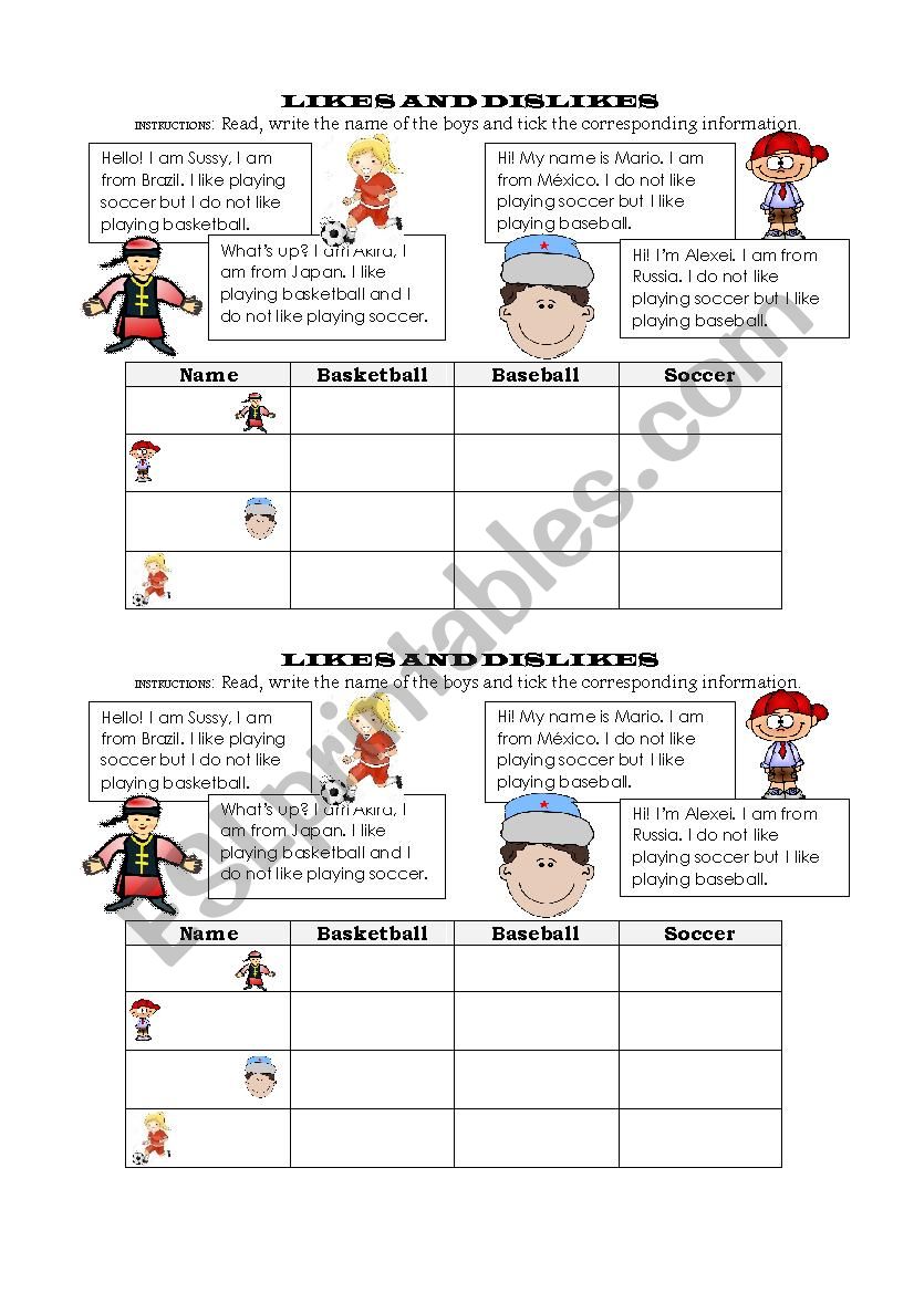 LIKES AND DISLIKES worksheet