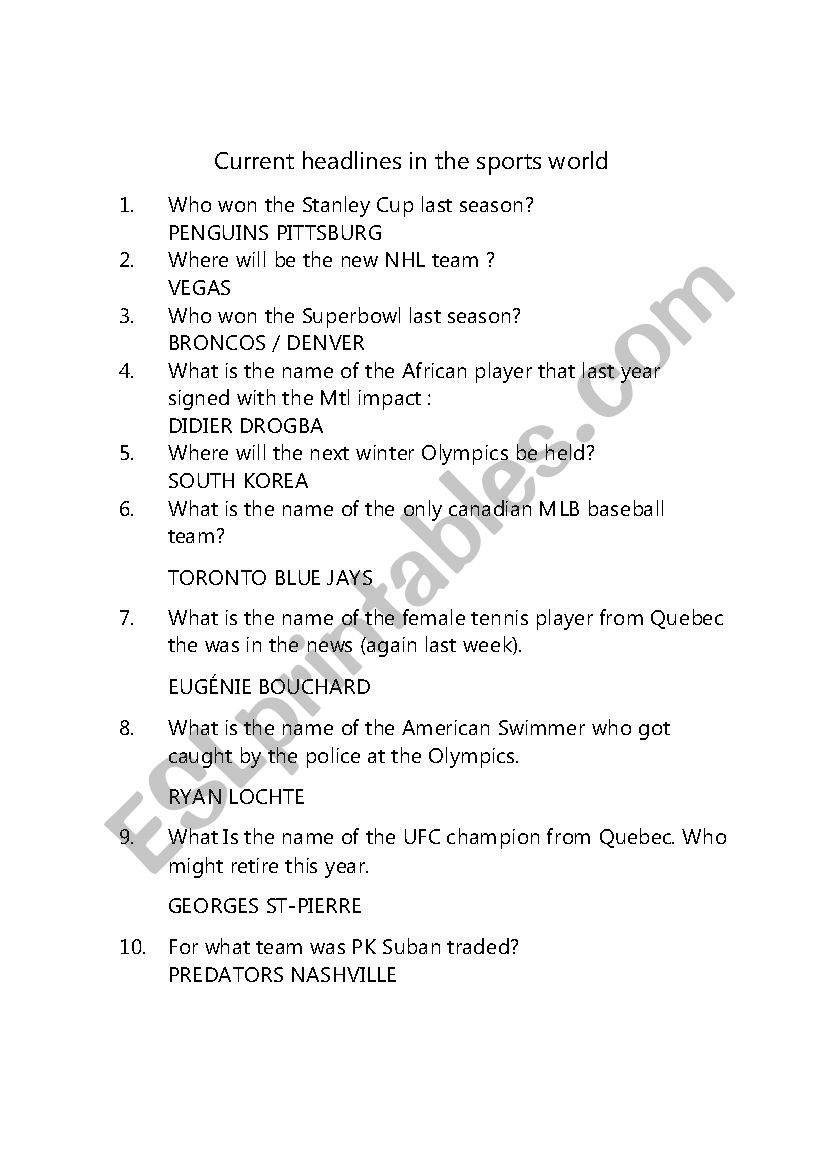 SPORTS QUIZ worksheet