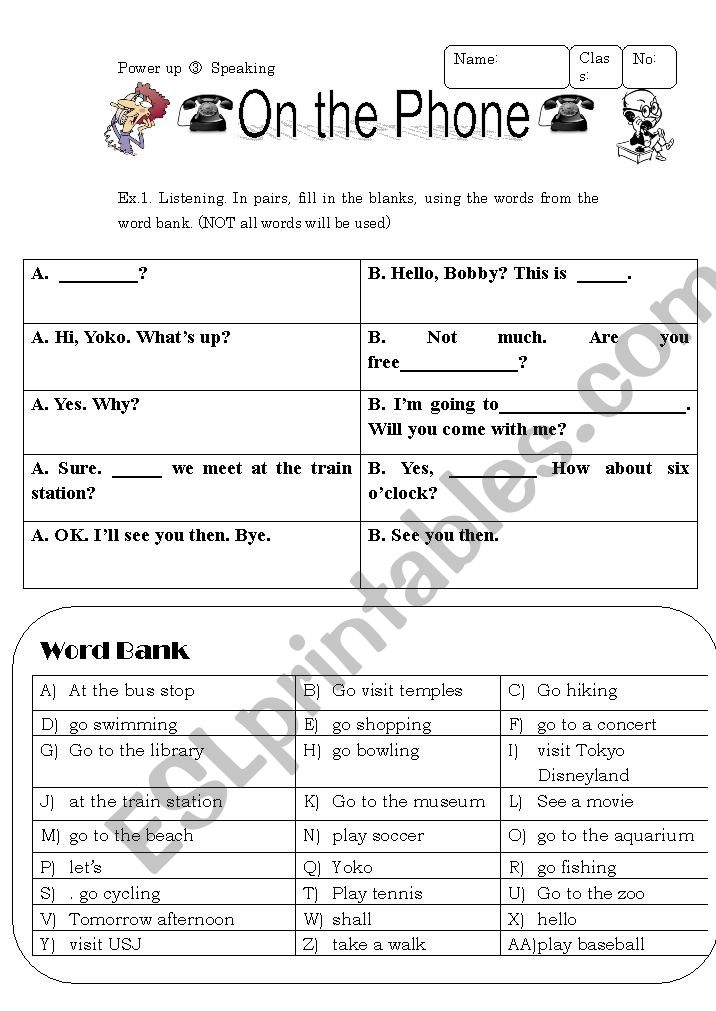 On the phone worksheet worksheet