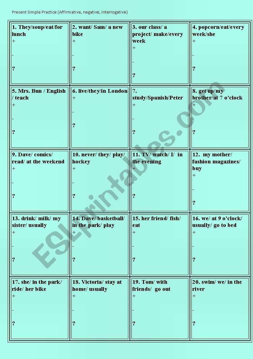 Present Simple(affirmative, negative, interrogative) practice cards