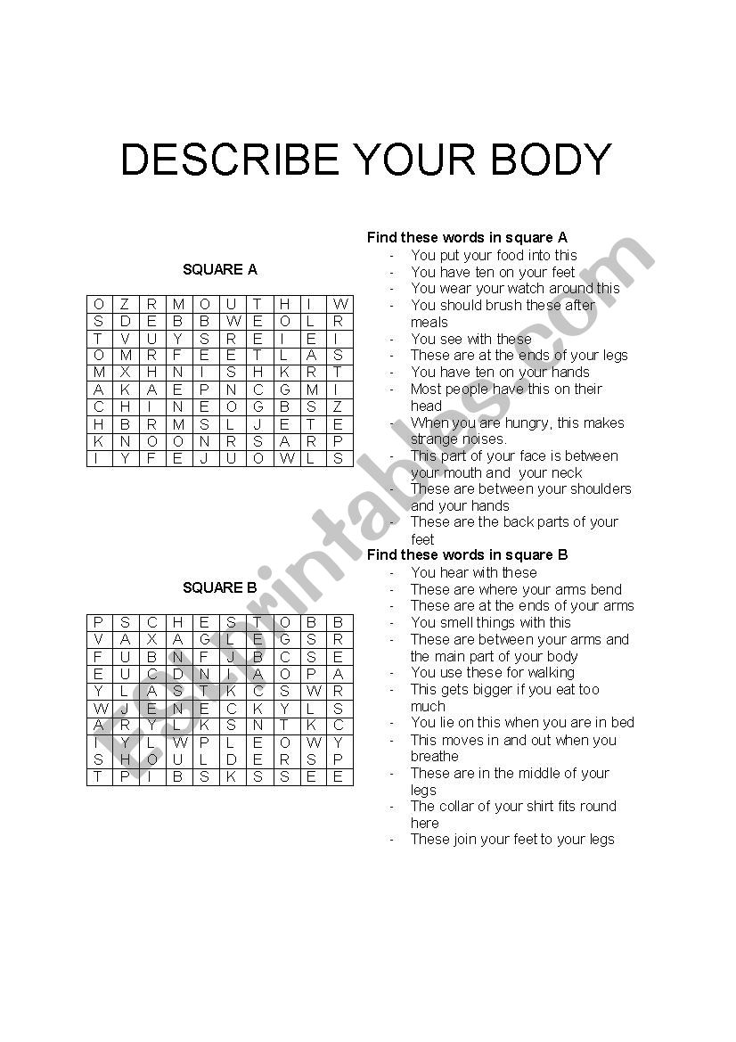 DESCRIBE YOUR BODY worksheet