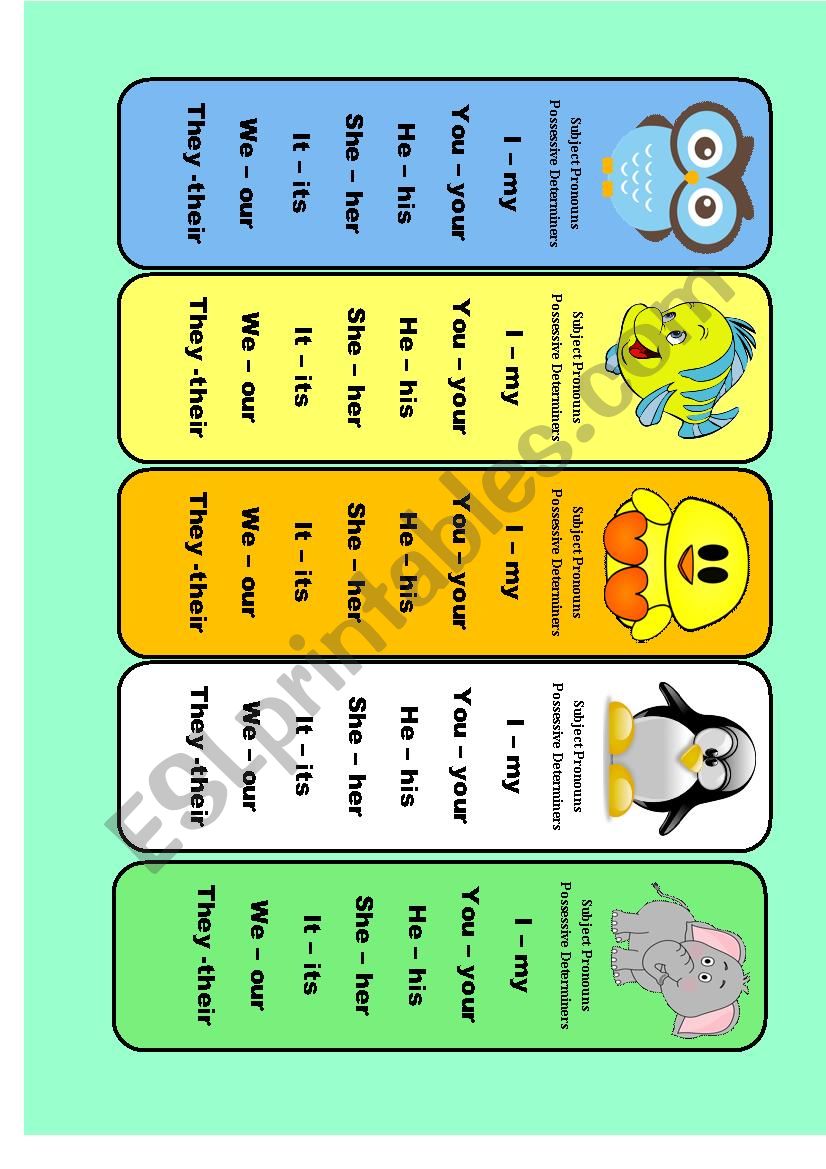 Subject pronouns and possessive adjectives bookmarks