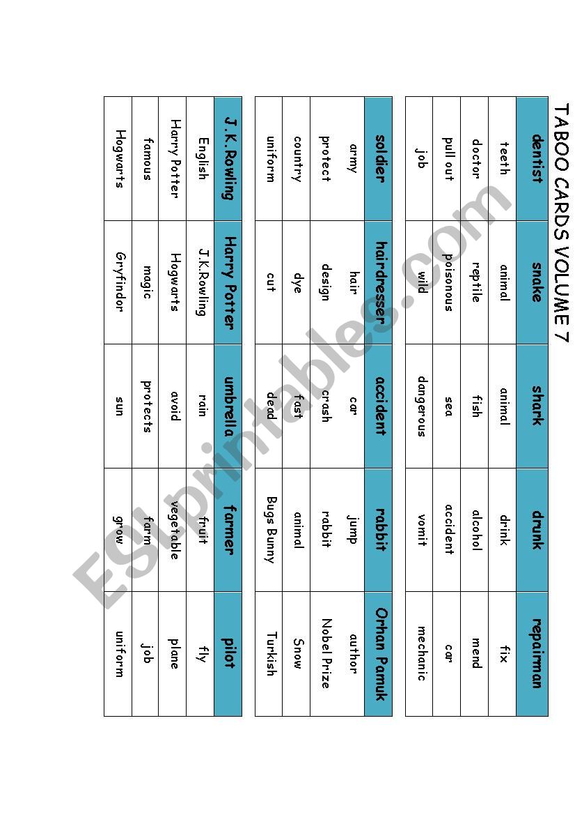 Taboo Cards Volume 7 worksheet