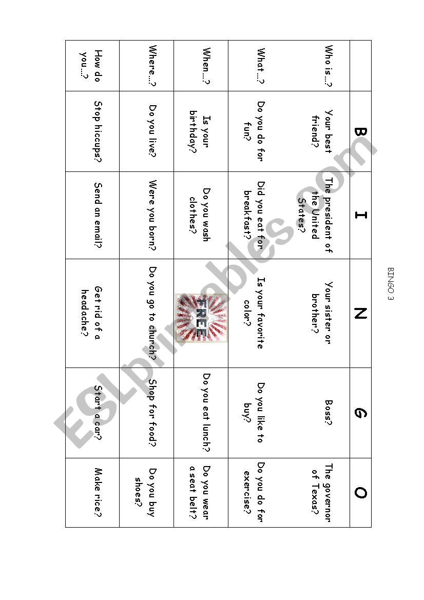 BINGO 3 worksheet