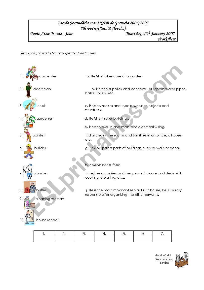 Jobs in the house worksheet