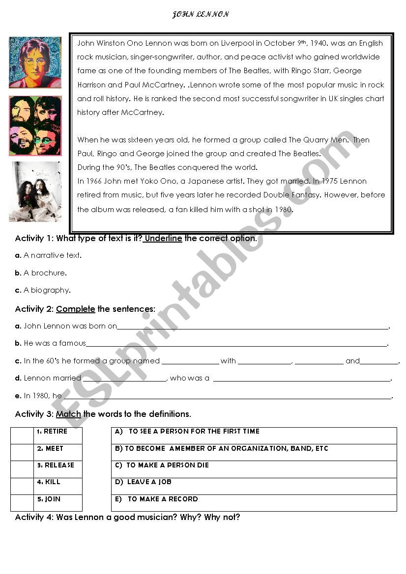 JOHN LENNON BIOGRAPHY worksheet