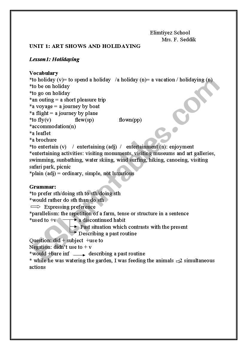 lesson 1 holidaying worksheet