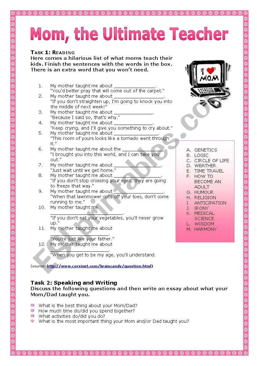 Mom, the Ultimate Teacher worksheet