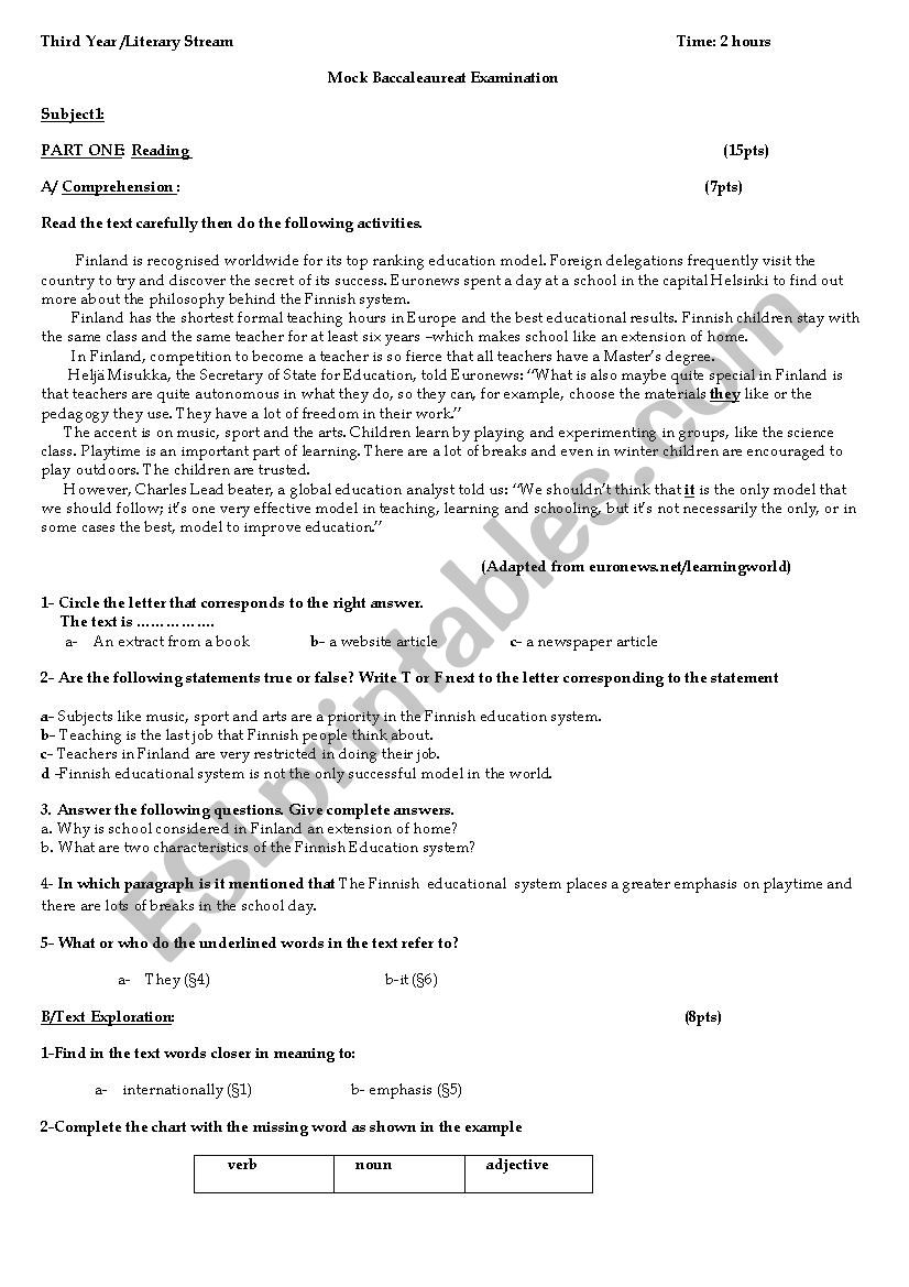 exam 3rd year worksheet