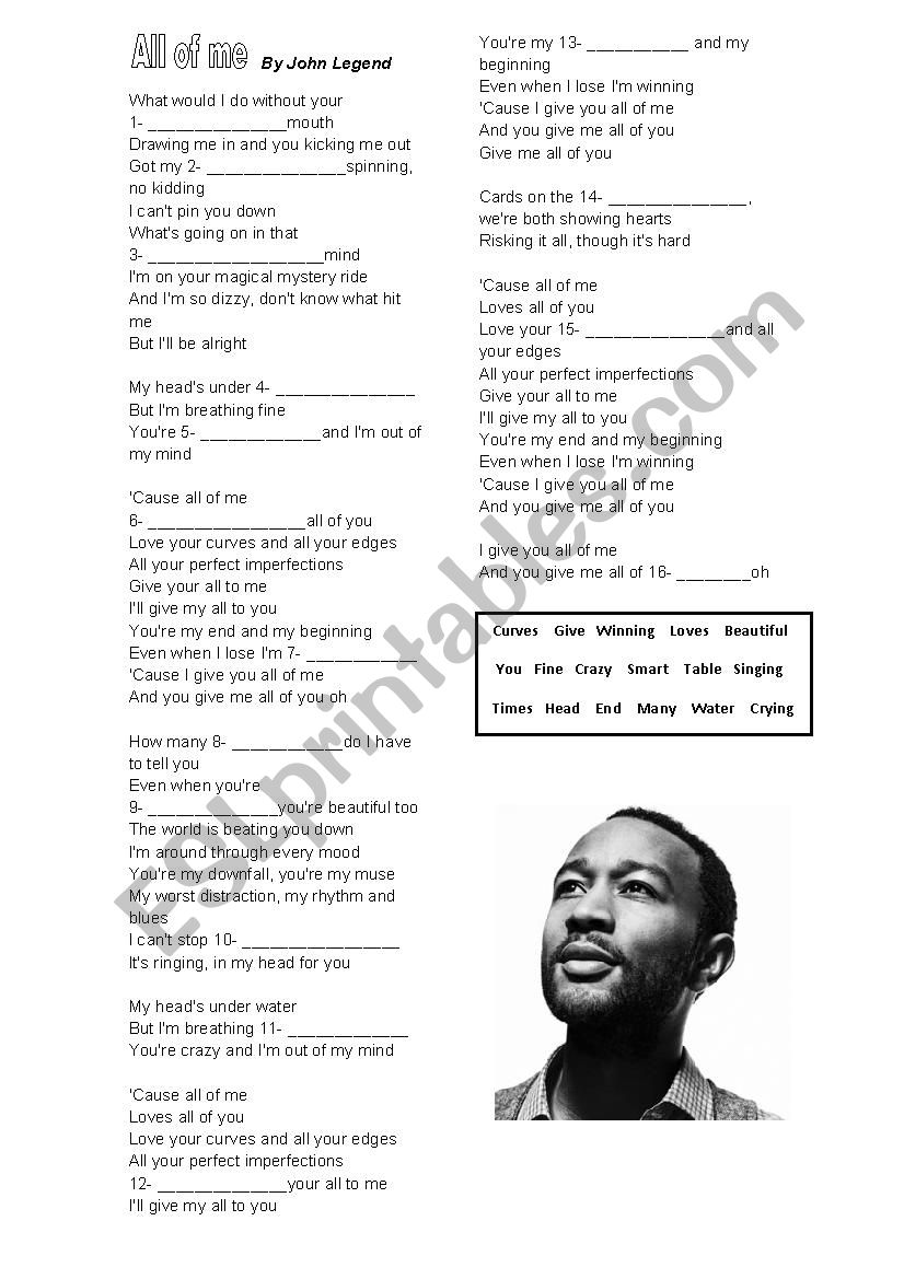 All of Me - John Legend  worksheet