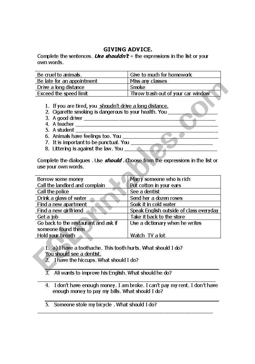 Giving advice worksheet