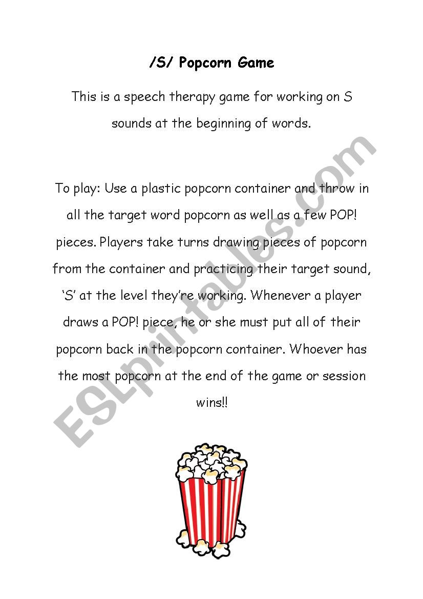 Speech Therapy Popcorn Game - S initial position