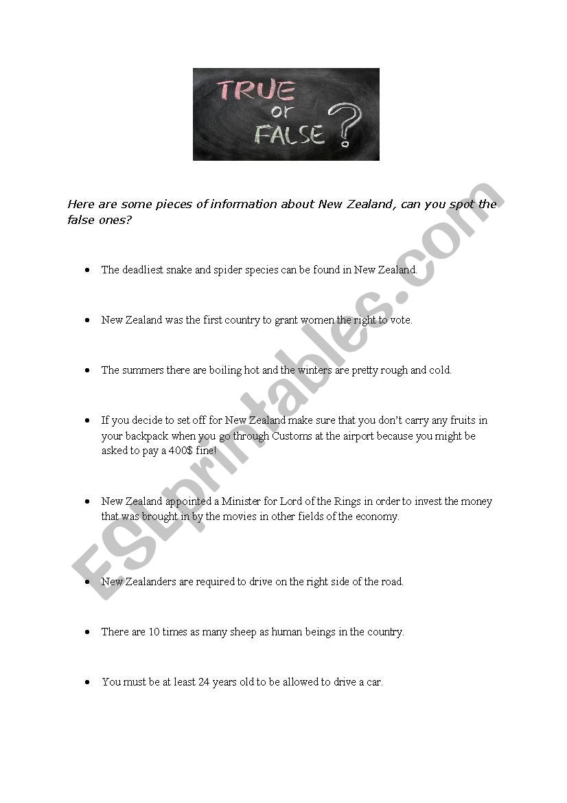 True or False worksheet