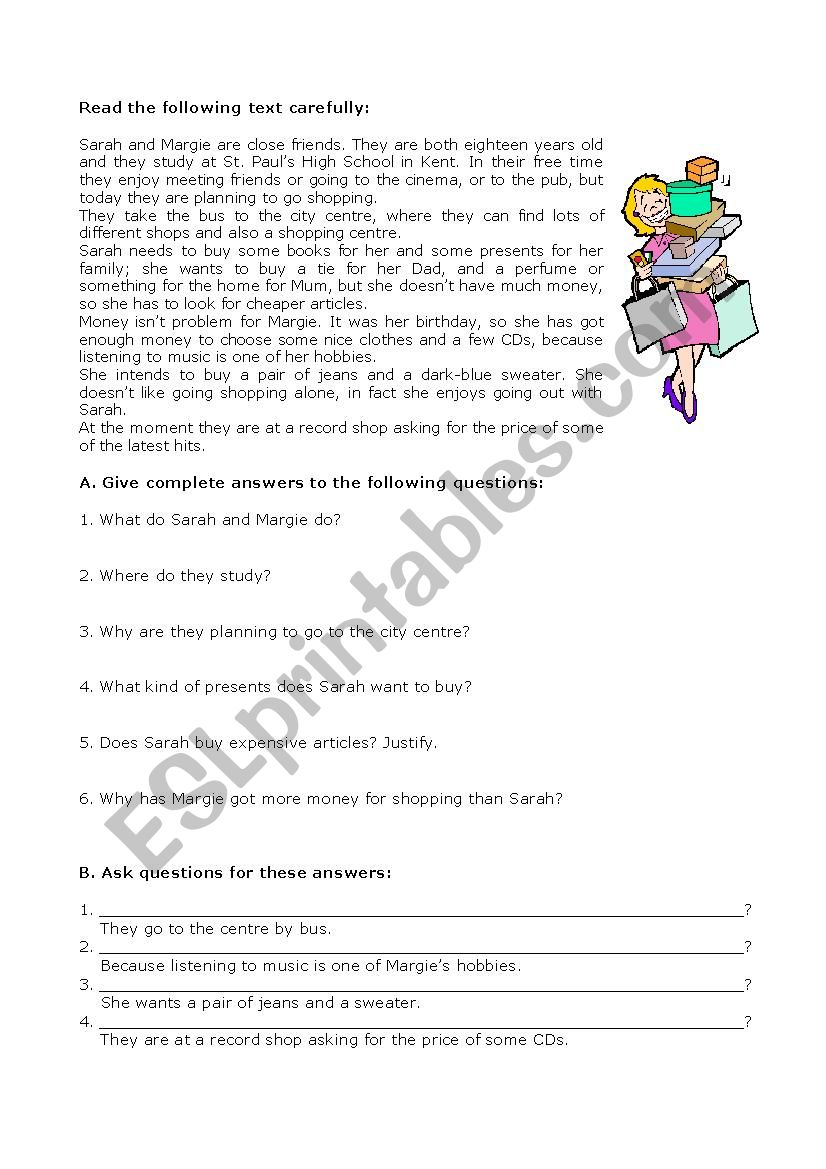 reading text and questions worksheet