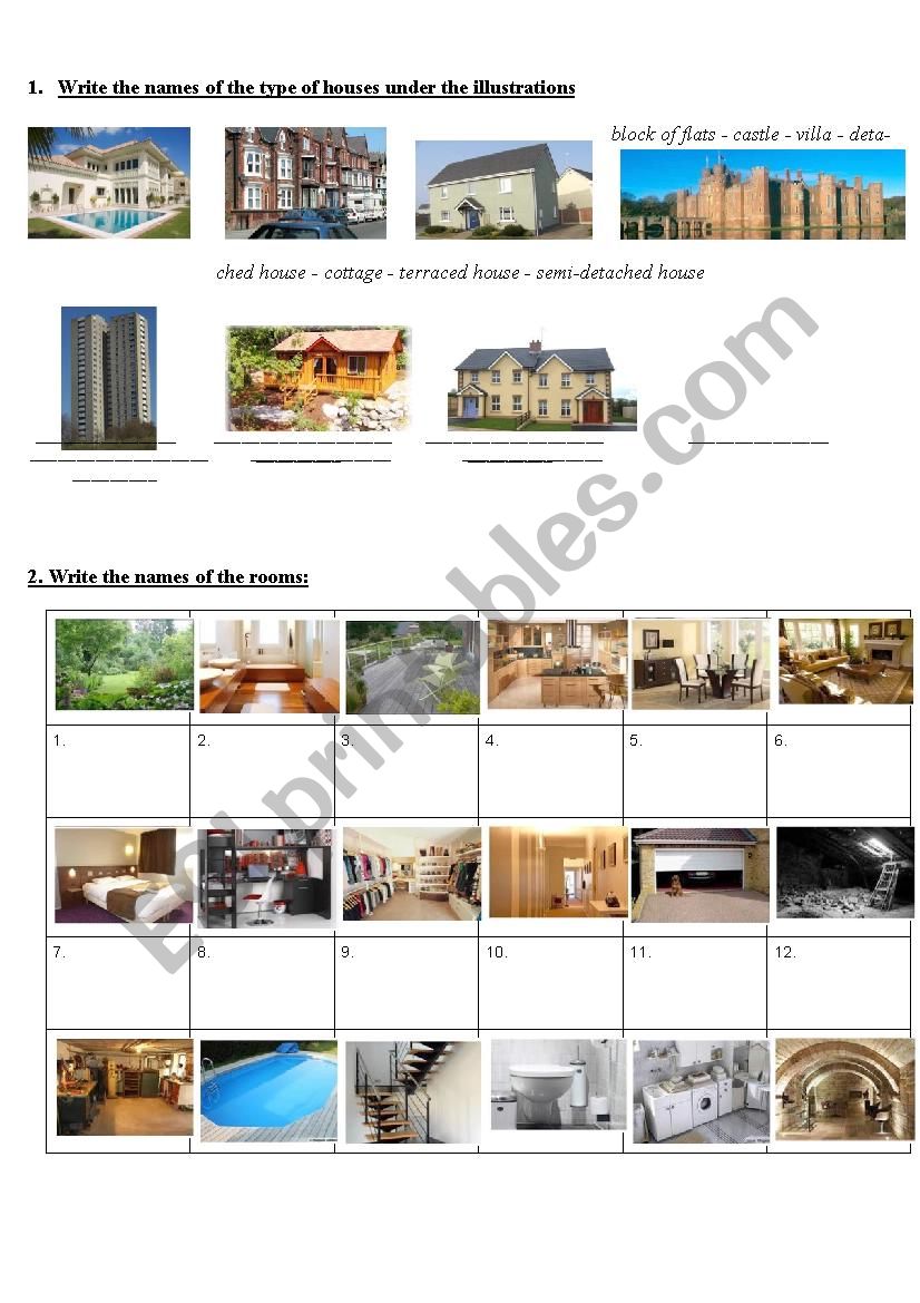 TYPES OF HOUSES AND ROOMS worksheet