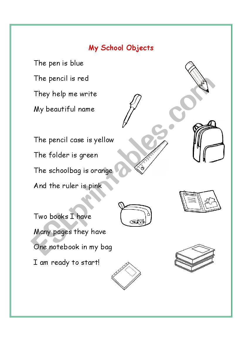 Classroom Objects Poem worksheet