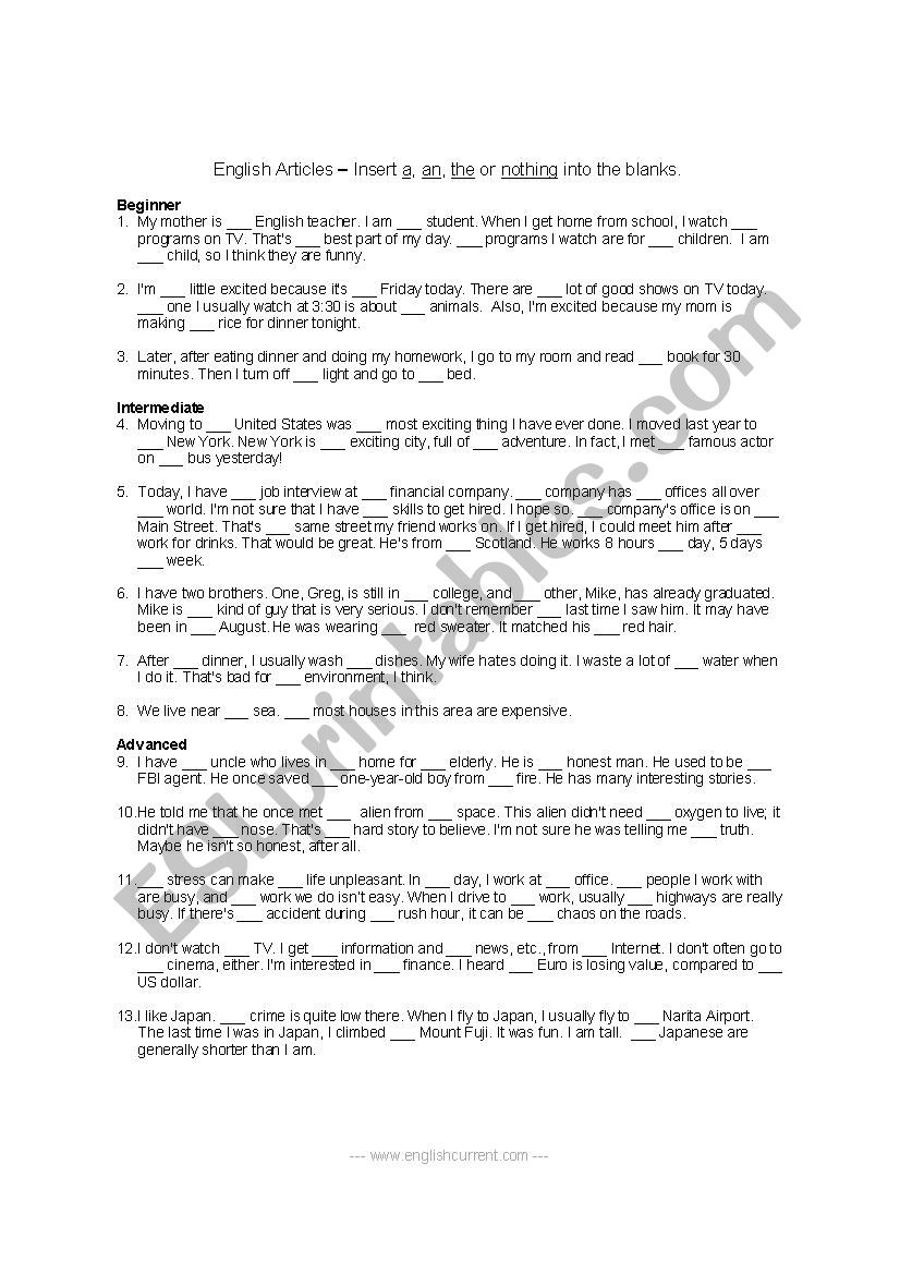 articles worksheet