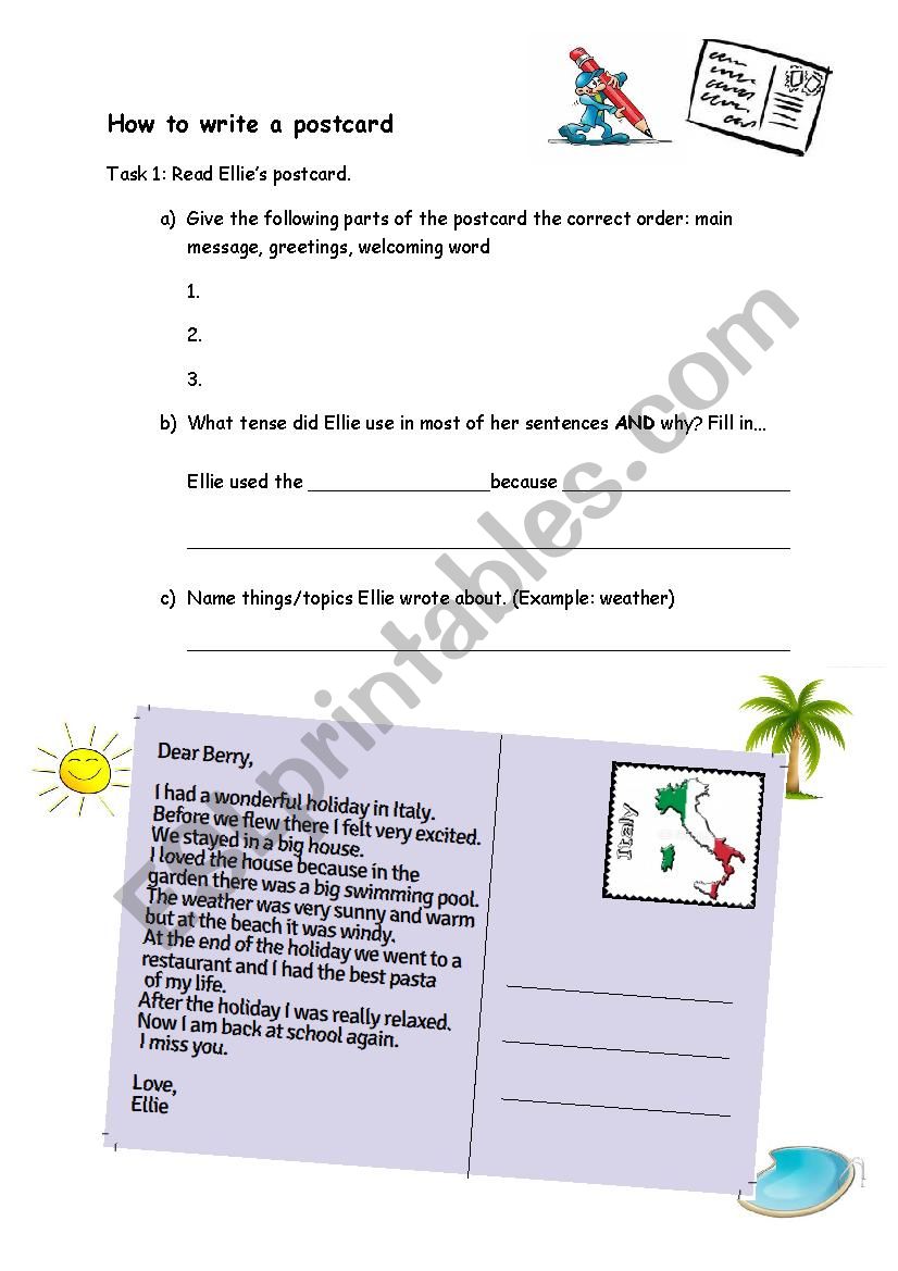 How to write a postcard level 1 ESL worksheet by Nicole E.