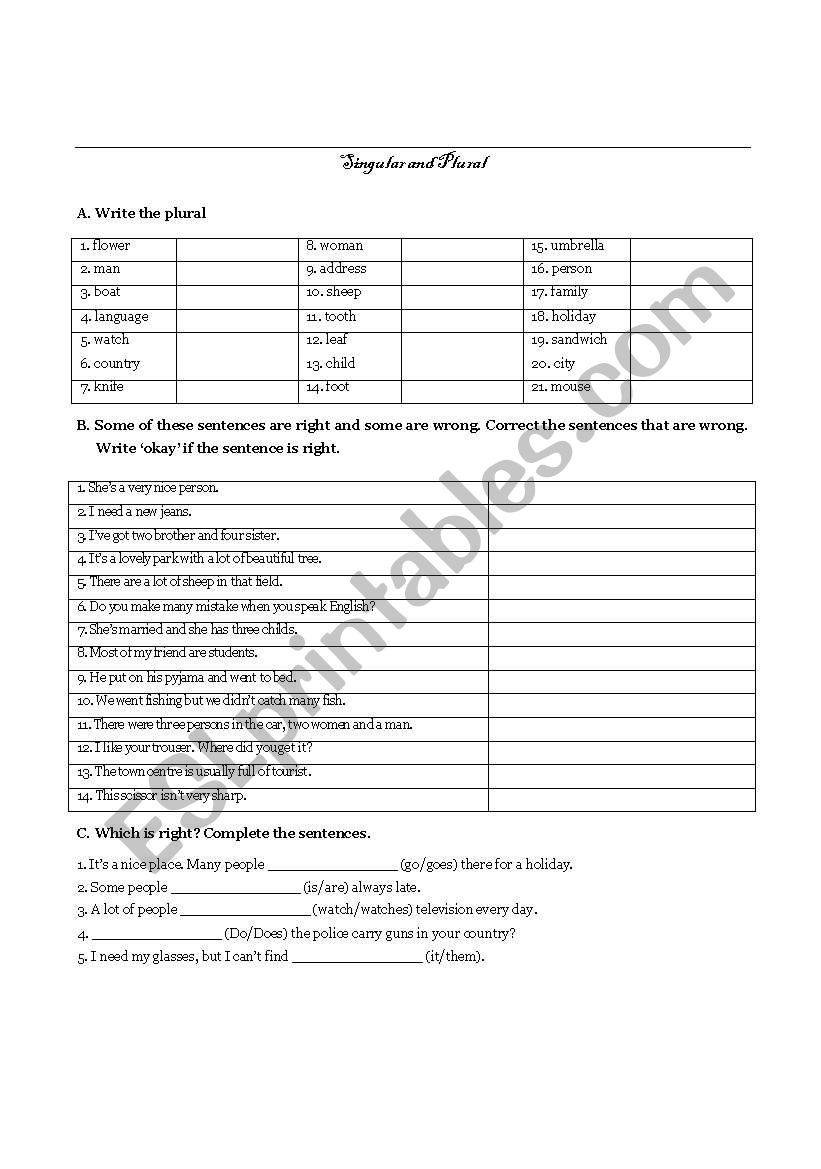 Plurals worksheet