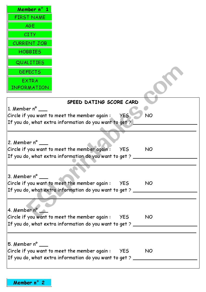 Speed Dating 10 Role Cards + Score Cards