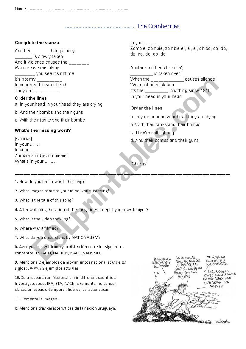 Zombie, The Cranberries.  worksheet