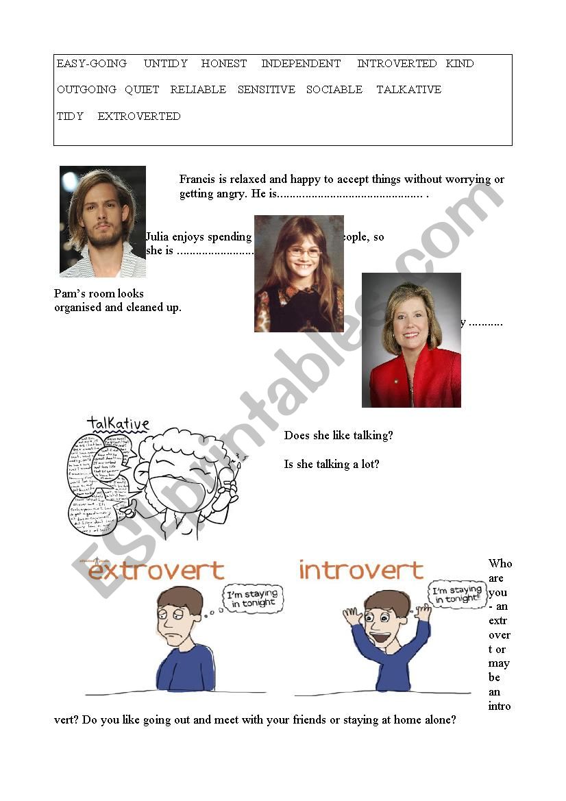 Adjectives, people, handout worksheet