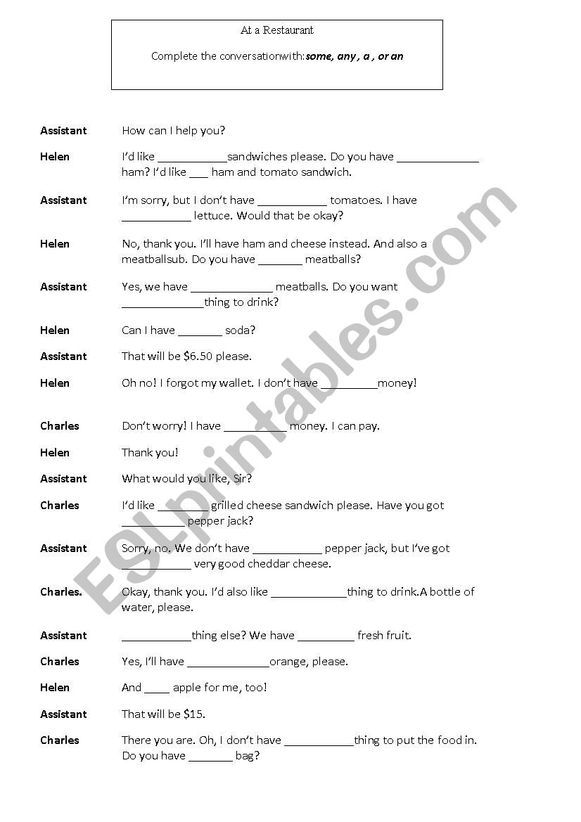 Restaurant Dialogue worksheet