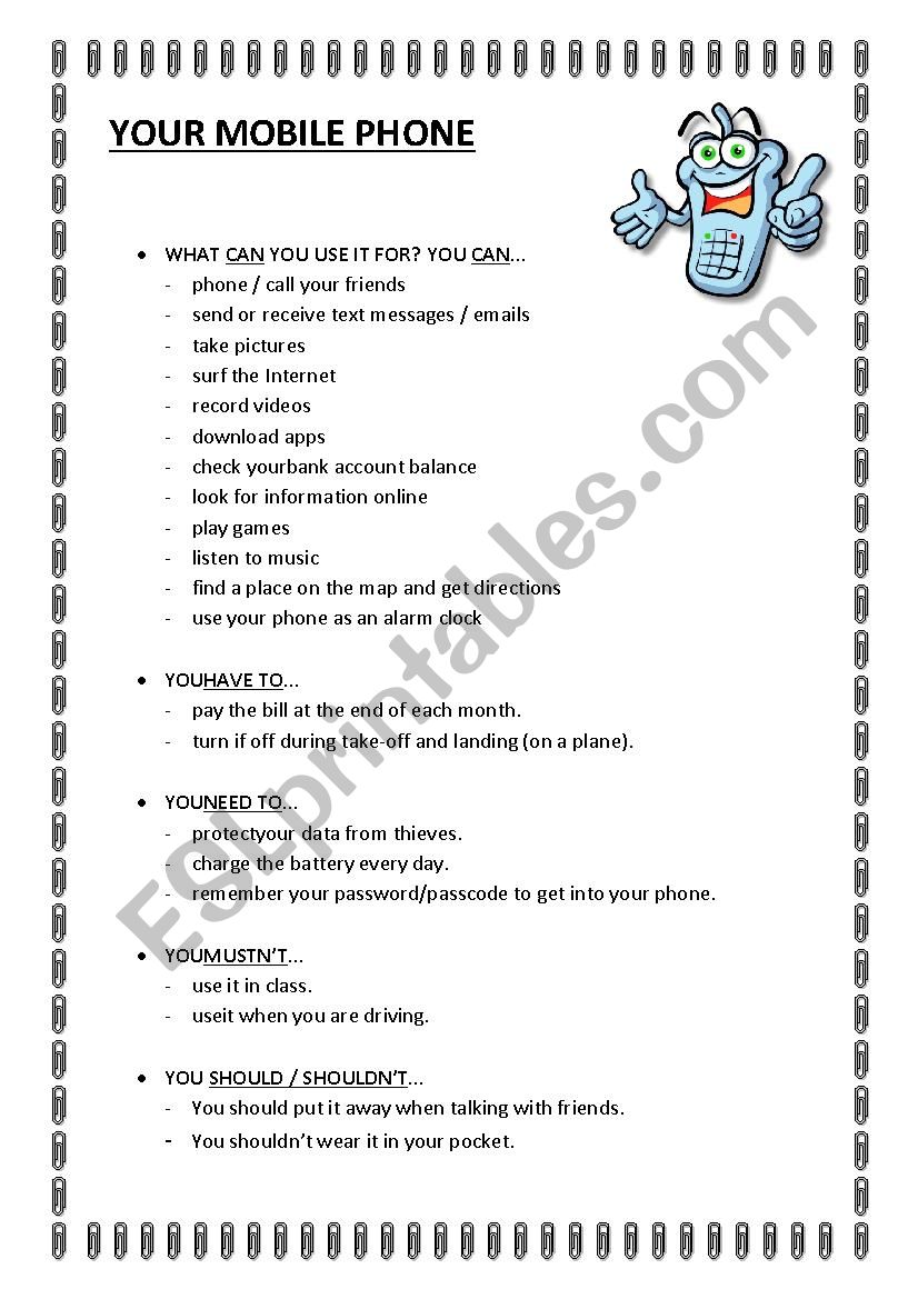 YOUR MOBILE PHONE - USING MODAL VERBS