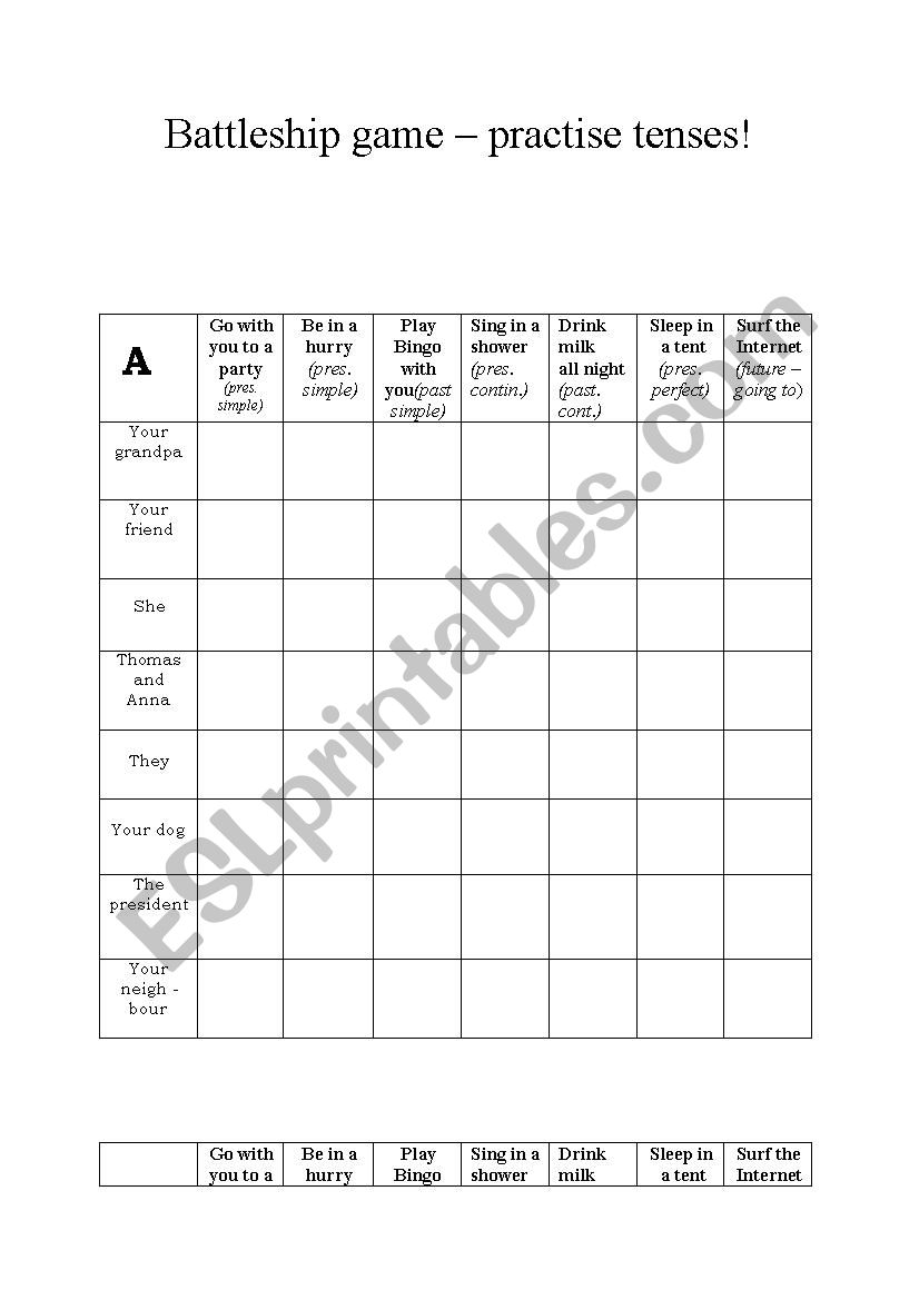 Battleship - verb tenses worksheet