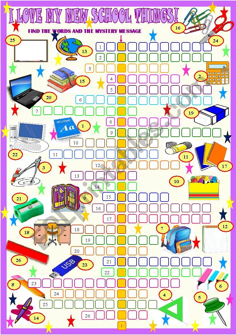 My new schhol things, crosswords with  hidden  message andKEY