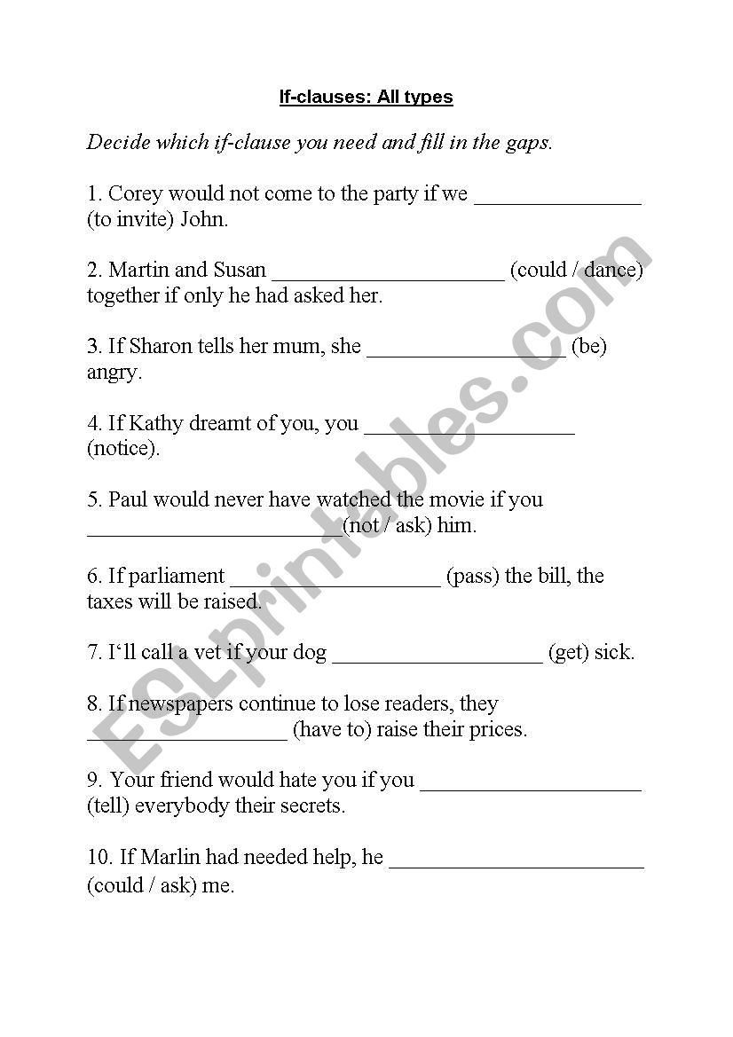 If-Clauses Type I-III worksheet