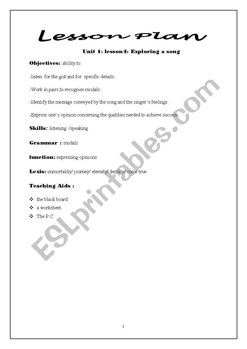 LESSON PLAN UNIT 1 LESSON 4 worksheet