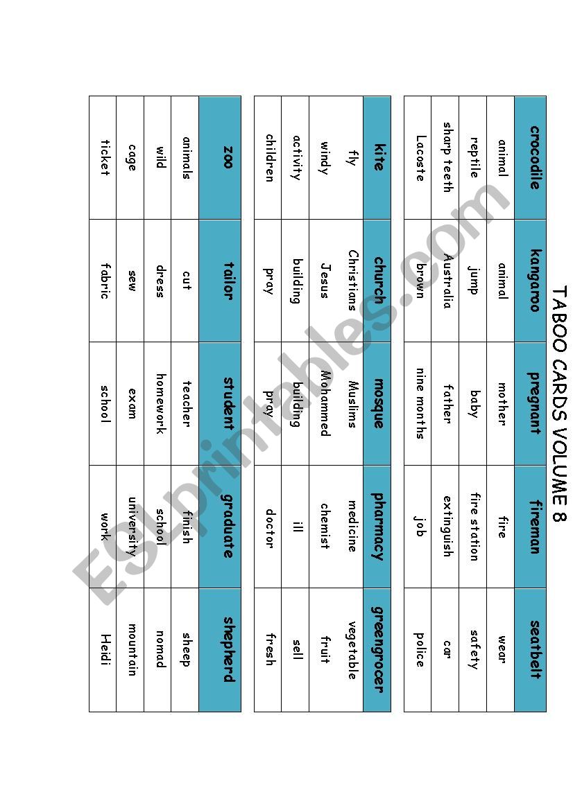 Taboo Cards Volume 8 worksheet