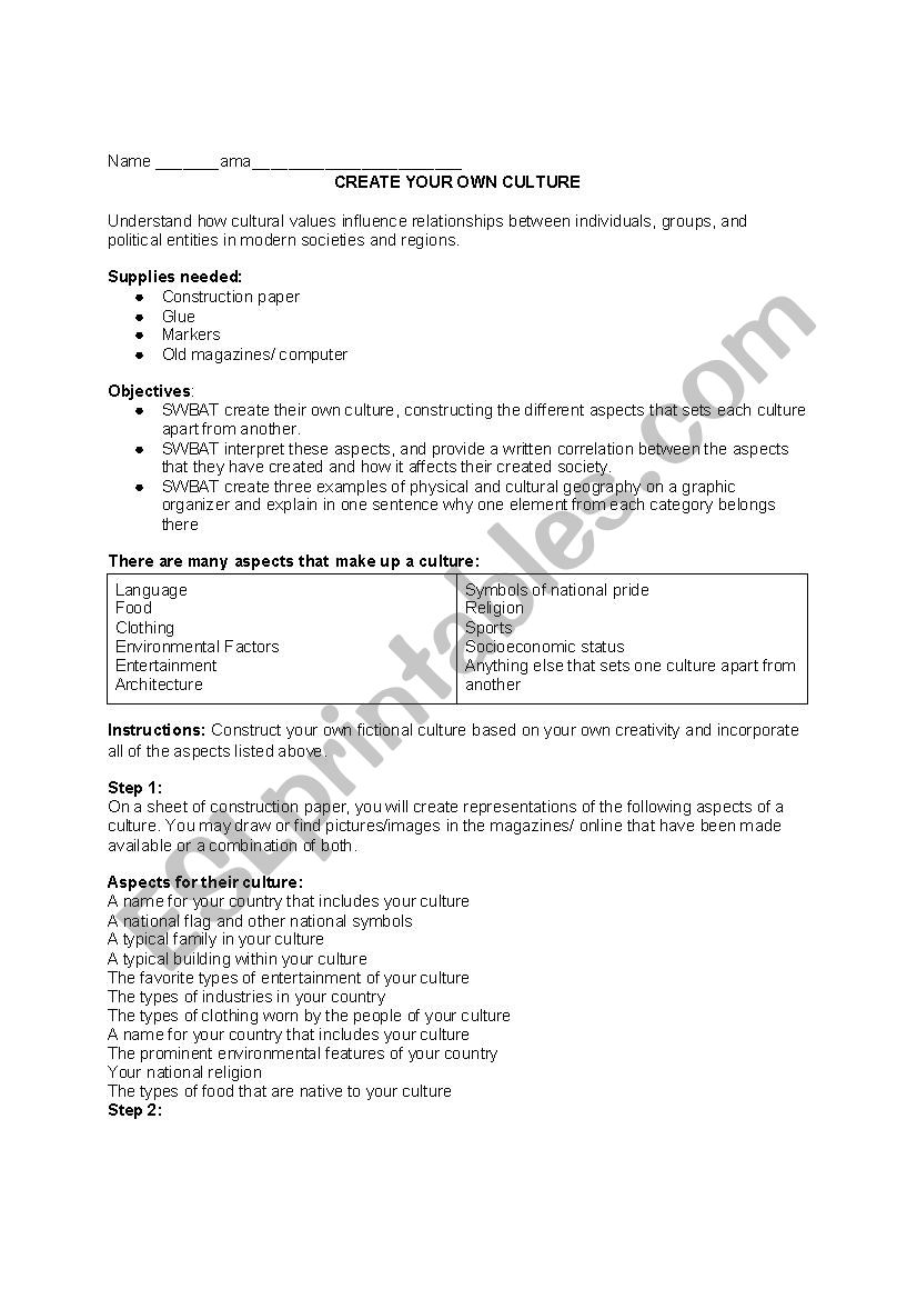 Create a Culture worksheet