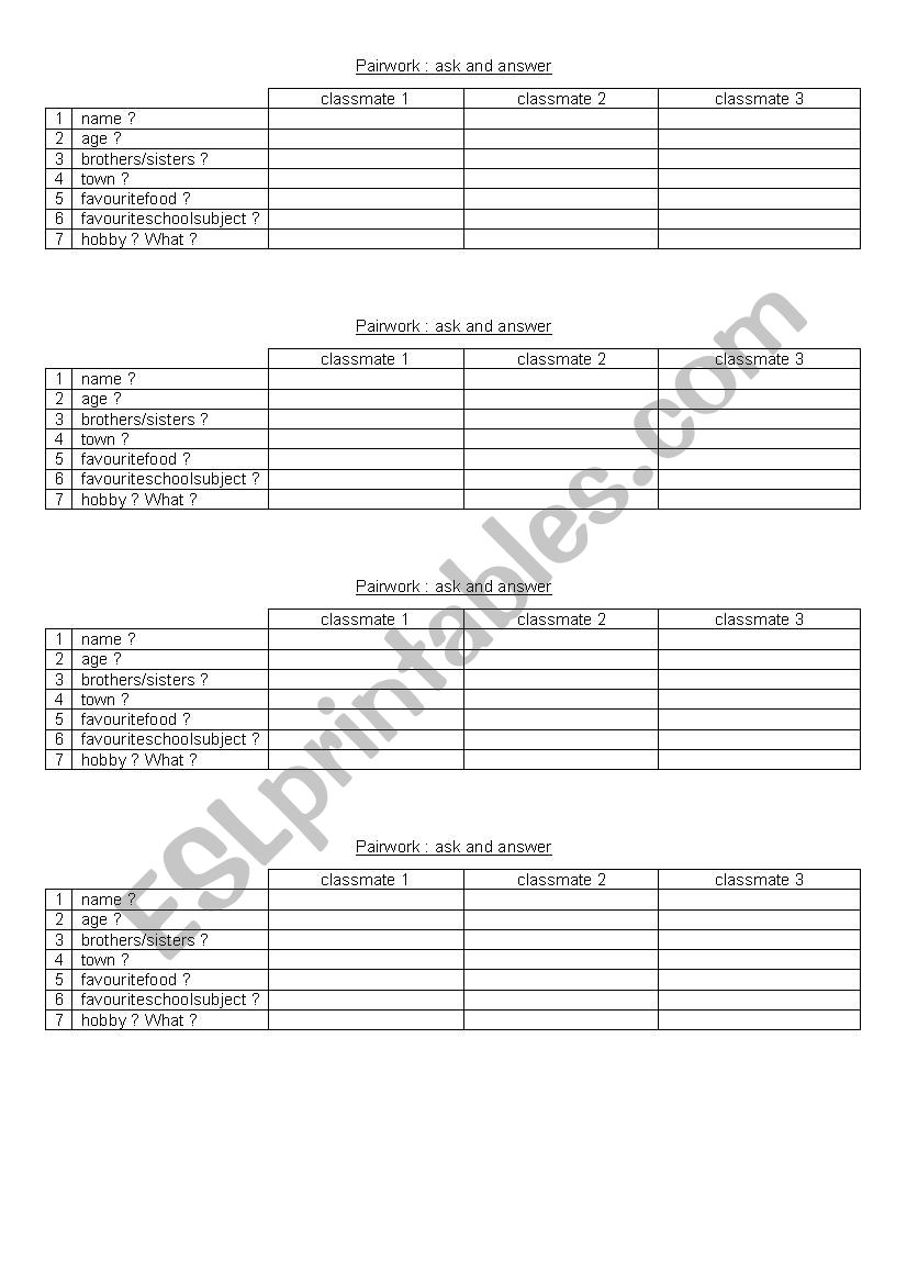 Ice Breaking Pairwork worksheet