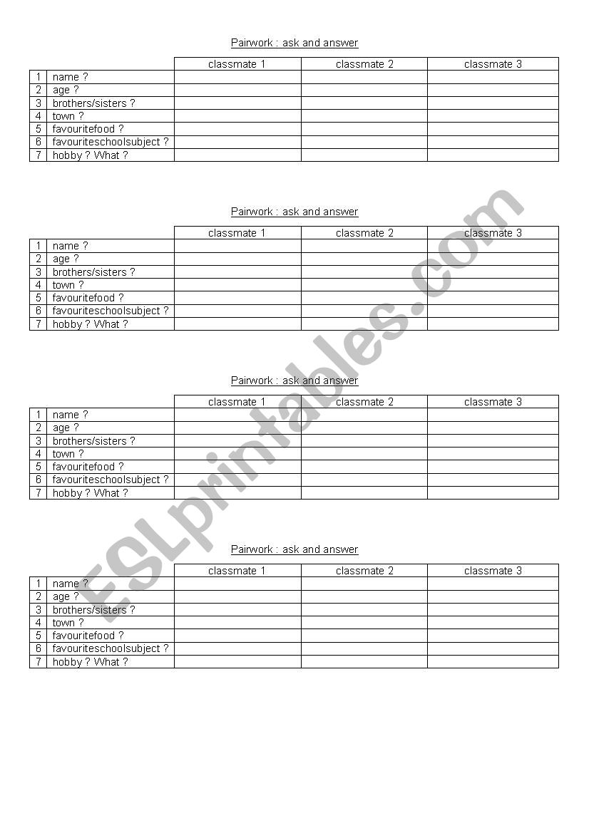 Ice Breaking Pairwork worksheet