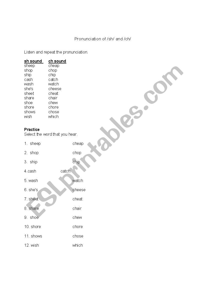 Sh/Ch Pronunciation Practice worksheet