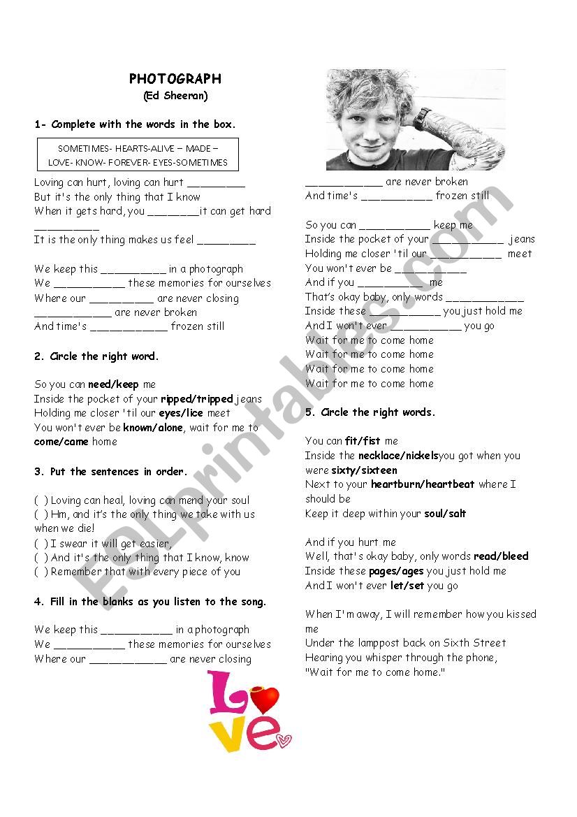 Ed Sheeran Photograph Esl Worksheet By Chrystlspencer974