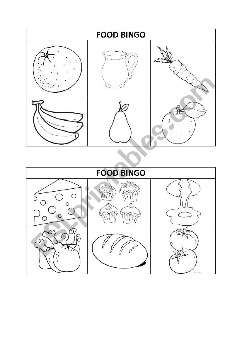 Food bingo printable b&w worksheet