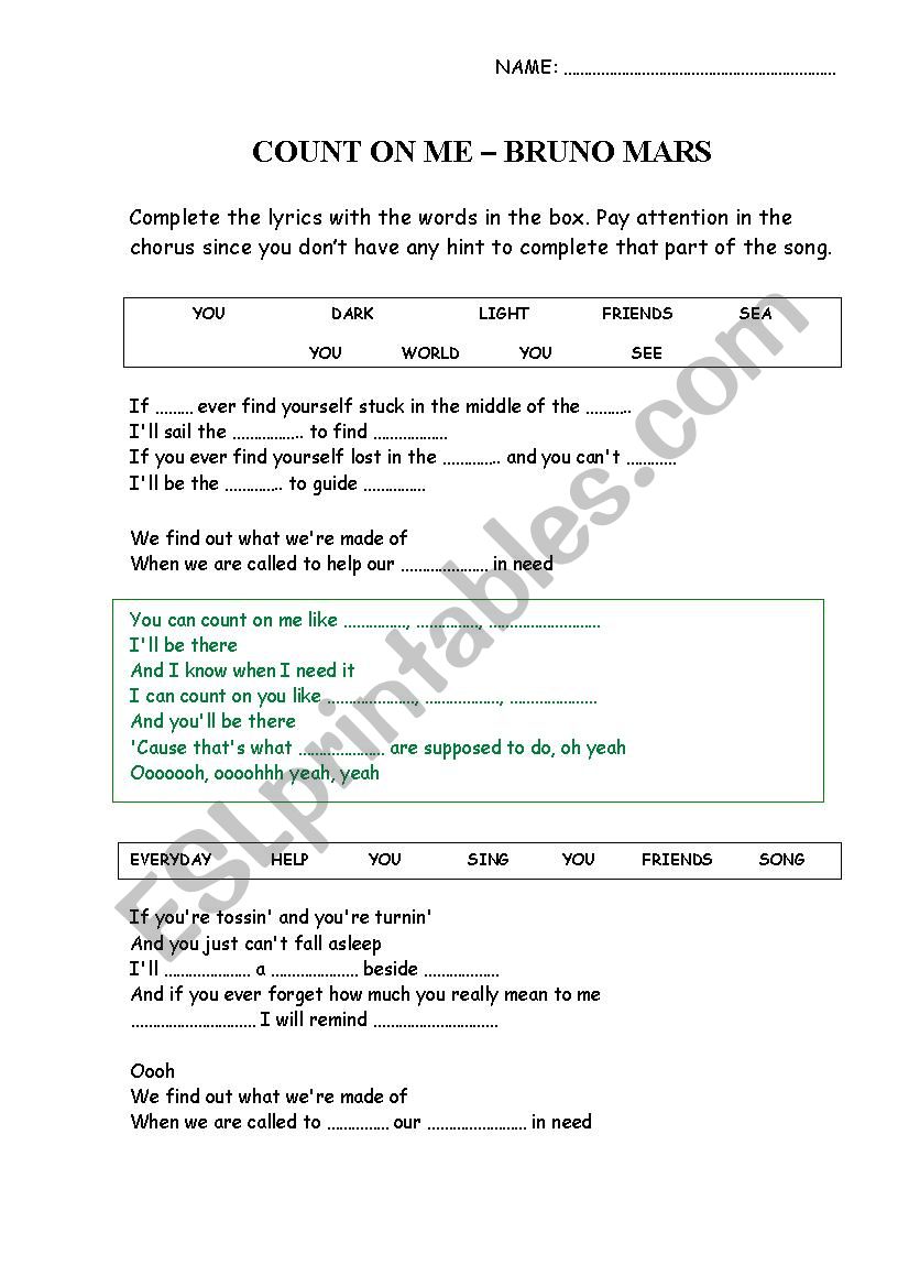 COUNT ON ME (BRUNO MARS) worksheet