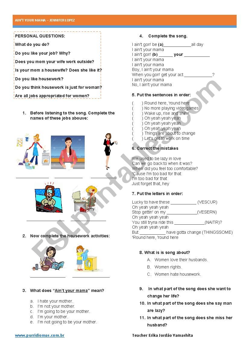 Ain´t your mama - ESL worksheet by teachermariacarolina
