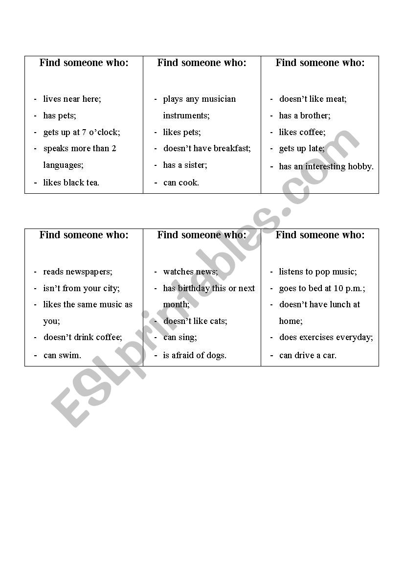 The game Find someone who worksheet