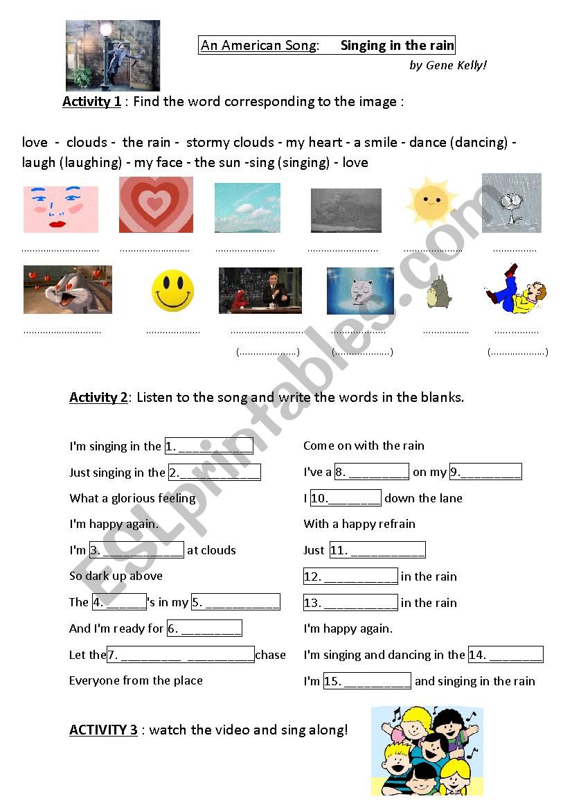 Singing in the rain worksheet