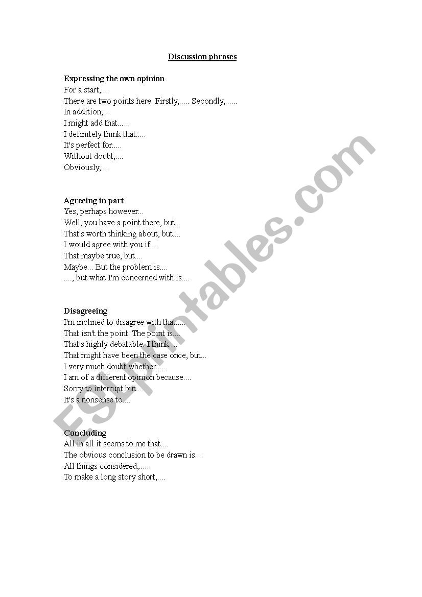 Discussion phrases worksheet